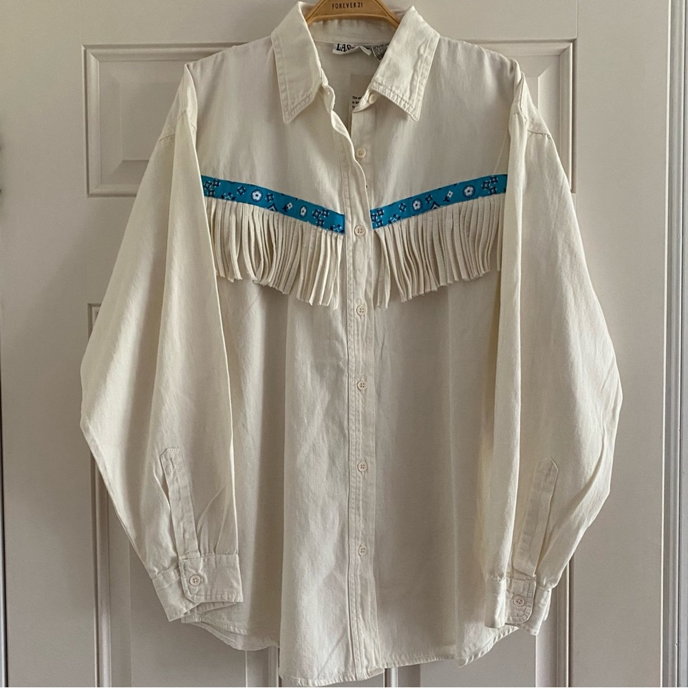 Vintage 90s Las Olas Western Fringe Bandana Pattern White Button Up Shirt Cowboy